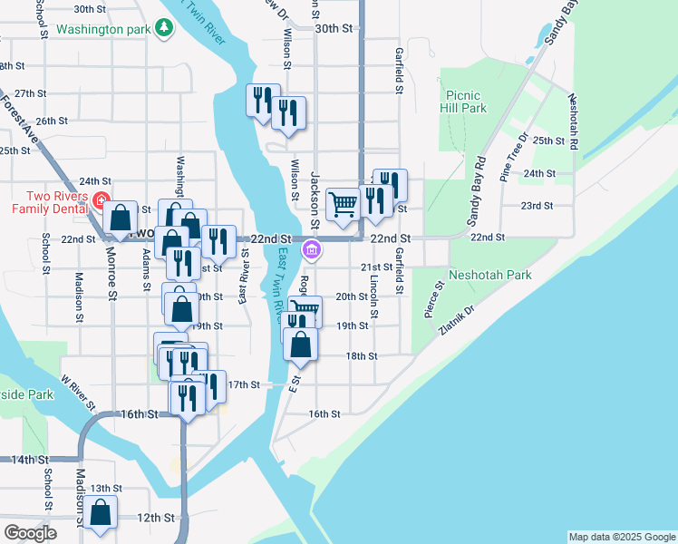 map of restaurants, bars, coffee shops, grocery stores, and more near 1005 21st Street in Two Rivers