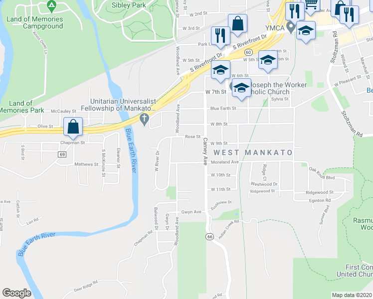 map of restaurants, bars, coffee shops, grocery stores, and more near 115 Allan Court in Mankato