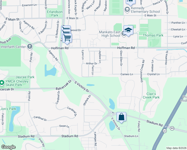 map of restaurants, bars, coffee shops, grocery stores, and more near 136 Laurinda Lane in Mankato
