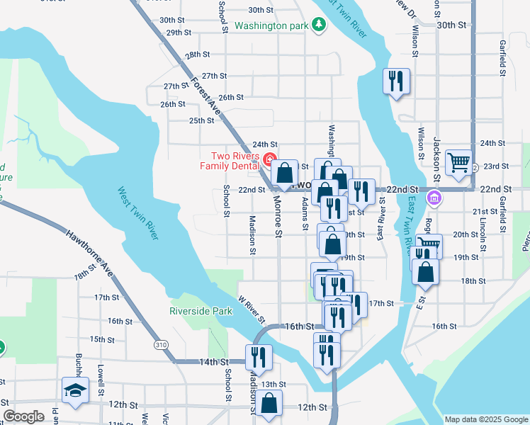 map of restaurants, bars, coffee shops, grocery stores, and more near 1721 21st Street in Two Rivers