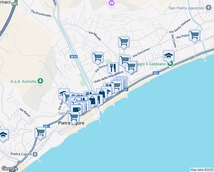 map of restaurants, bars, coffee shops, grocery stores, and more near 63 Via Altini in Pietra Ligure