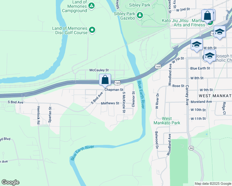map of restaurants, bars, coffee shops, grocery stores, and more near 315 Chapman Street in Mankato
