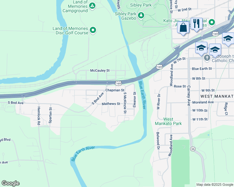 map of restaurants, bars, coffee shops, grocery stores, and more near 315 Chapman Street in Mankato