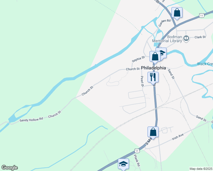 map of restaurants, bars, coffee shops, grocery stores, and more near 11 Church Street in Philadelphia