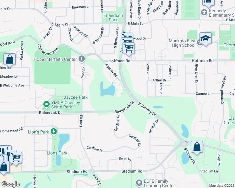 map of restaurants, bars, coffee shops, grocery stores, and more near 800 Agency Trail in Mankato
