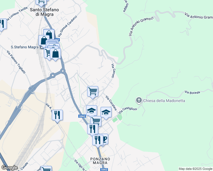 map of restaurants, bars, coffee shops, grocery stores, and more near 73 Via Cerreti in Santo Stefano di Magra