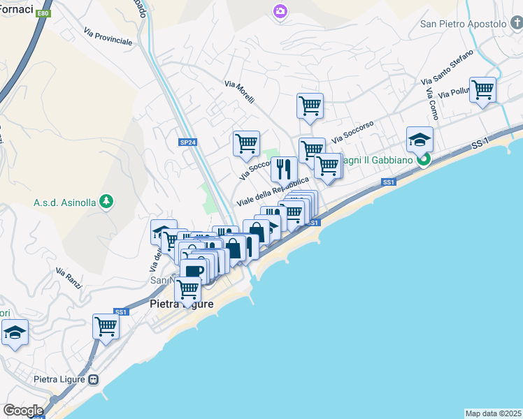 map of restaurants, bars, coffee shops, grocery stores, and more near 63 Via Altini in Pietra Ligure