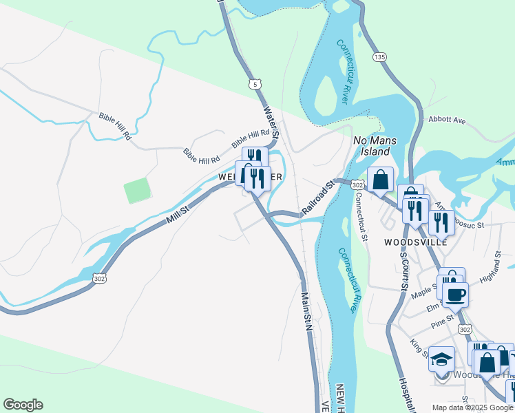 map of restaurants, bars, coffee shops, grocery stores, and more near 51 Main Street North in Newbury