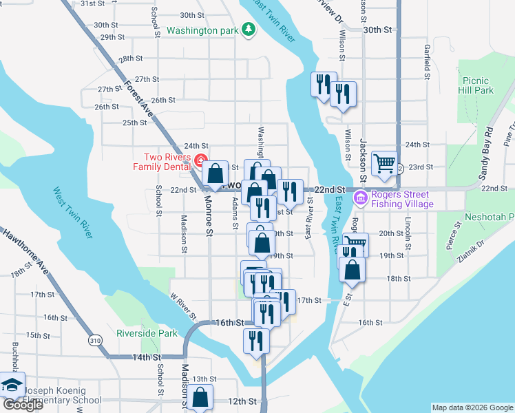 map of restaurants, bars, coffee shops, grocery stores, and more near 2022 Washington Street in Two Rivers