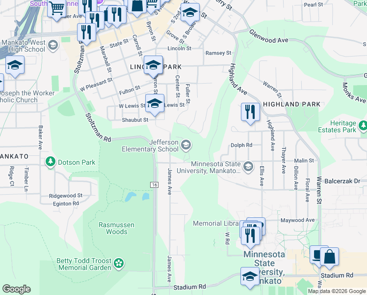 map of restaurants, bars, coffee shops, grocery stores, and more near 100 James Avenue in Mankato