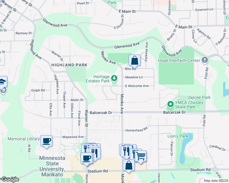 map of restaurants, bars, coffee shops, grocery stores, and more near 9 Devonshire Place in Mankato