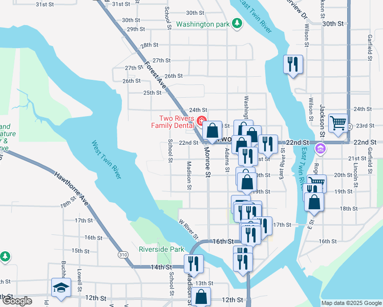 map of restaurants, bars, coffee shops, grocery stores, and more near 1721 21st Street in Two Rivers