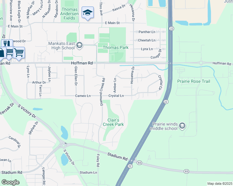 map of restaurants, bars, coffee shops, grocery stores, and more near 109 Crystal Lane in Mankato