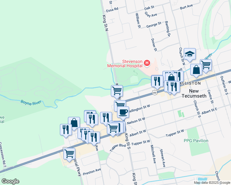 map of restaurants, bars, coffee shops, grocery stores, and more near 26 King Street North in New Tecumseth