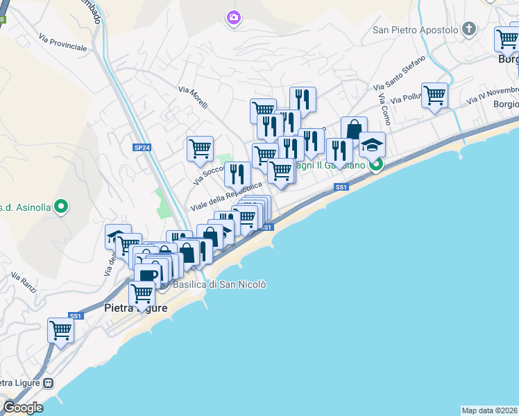 map of restaurants, bars, coffee shops, grocery stores, and more near 179 Corso Italia in Pietra Ligure