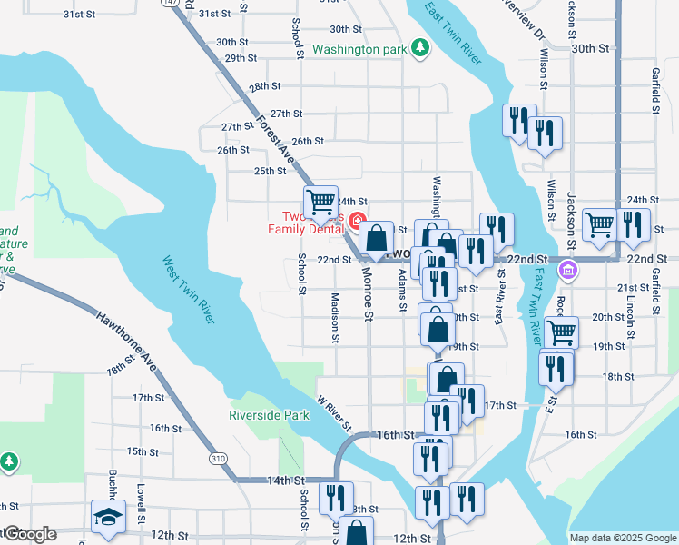 map of restaurants, bars, coffee shops, grocery stores, and more near 1721 21st Street in Two Rivers