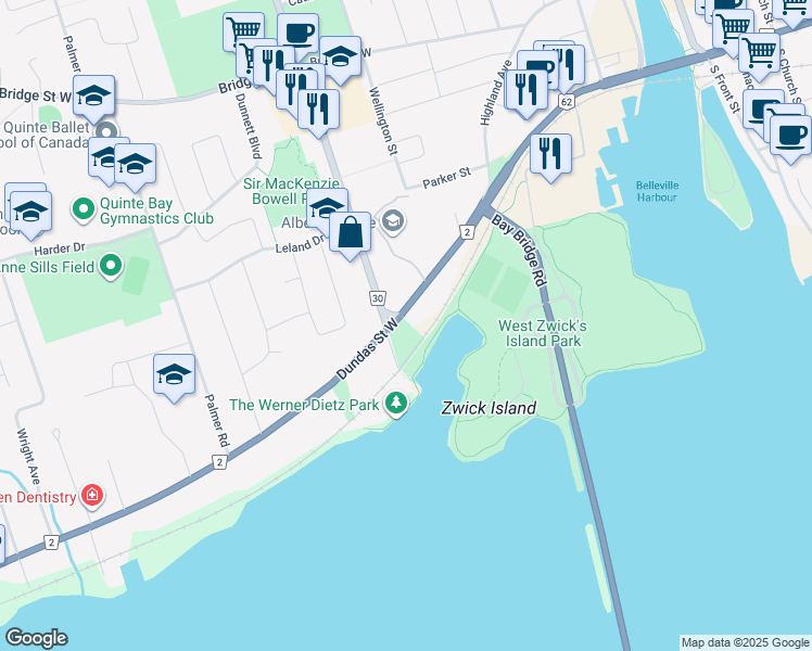 map of restaurants, bars, coffee shops, grocery stores, and more near 205 Dundas Street West in Belleville