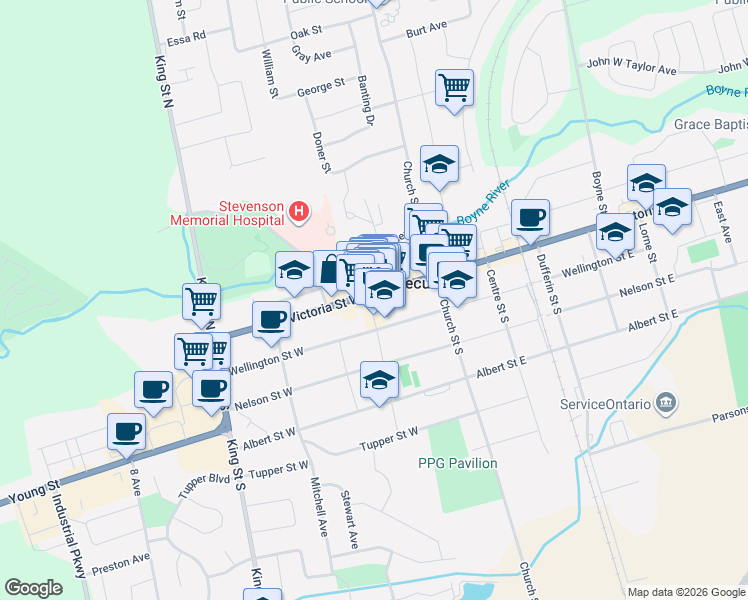 map of restaurants, bars, coffee shops, grocery stores, and more near 95 Victoria Street West in New Tecumseth