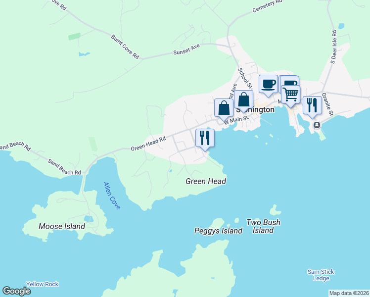 map of restaurants, bars, coffee shops, grocery stores, and more near 28 Green Head Lane in Stonington