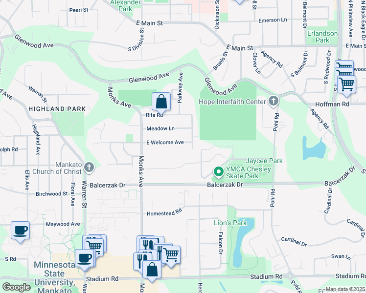 map of restaurants, bars, coffee shops, grocery stores, and more near 152 East Welcome Avenue in Mankato