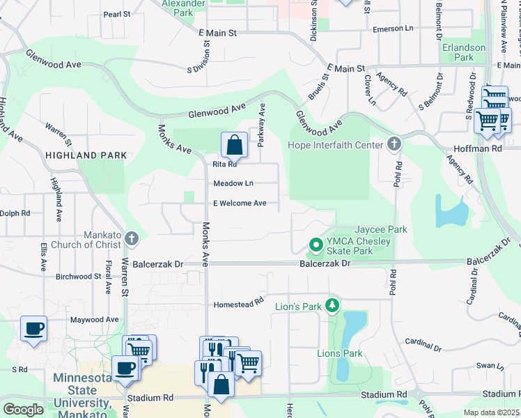 map of restaurants, bars, coffee shops, grocery stores, and more near 152 East Welcome Avenue in Mankato