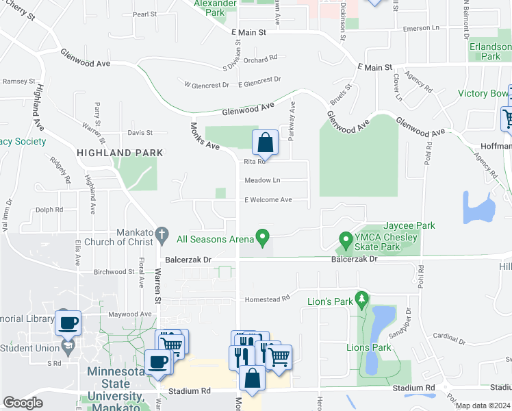 map of restaurants, bars, coffee shops, grocery stores, and more near 109 Meadow Lane in Mankato