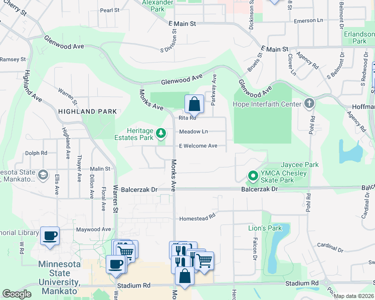 map of restaurants, bars, coffee shops, grocery stores, and more near 113 East Welcome Avenue in Mankato