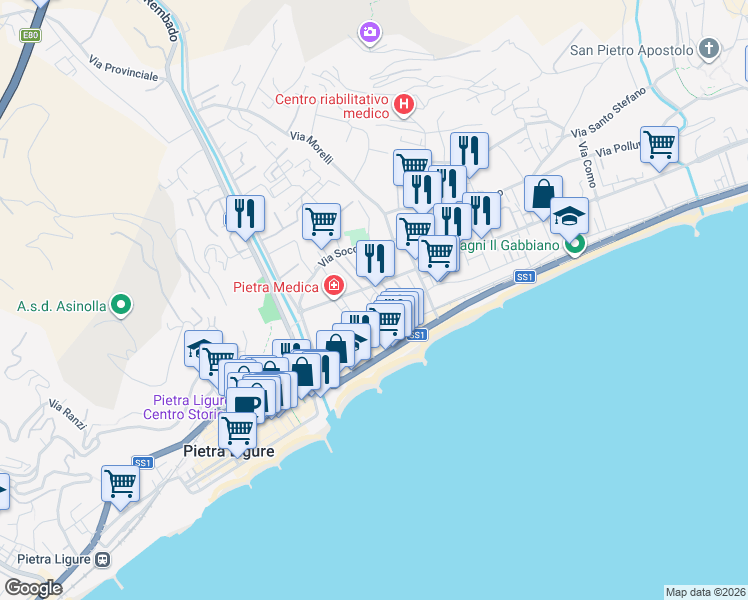 map of restaurants, bars, coffee shops, grocery stores, and more near 99 Viale della Repubblica in Pietra Ligure