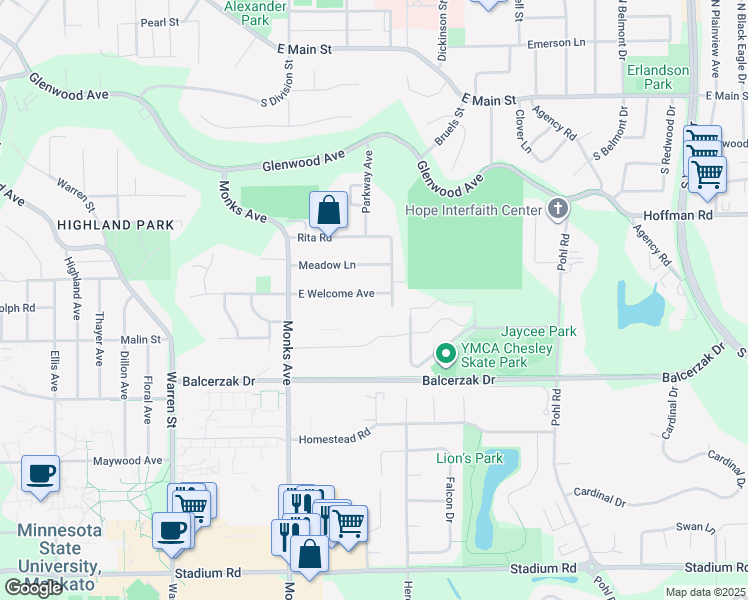 map of restaurants, bars, coffee shops, grocery stores, and more near 149 East Welcome Avenue in Mankato