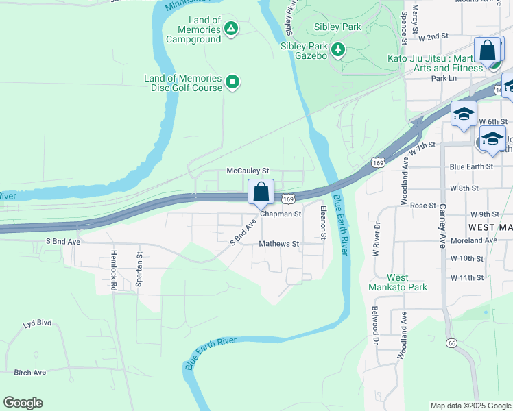 map of restaurants, bars, coffee shops, grocery stores, and more near 2020 U.S. 169 in Mankato