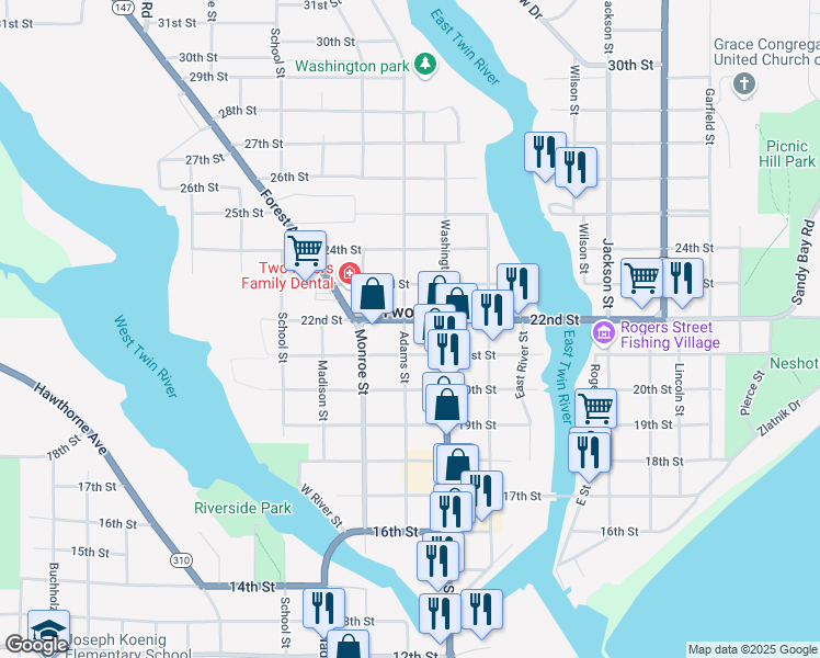 map of restaurants, bars, coffee shops, grocery stores, and more near 2205 Adams Street in Two Rivers