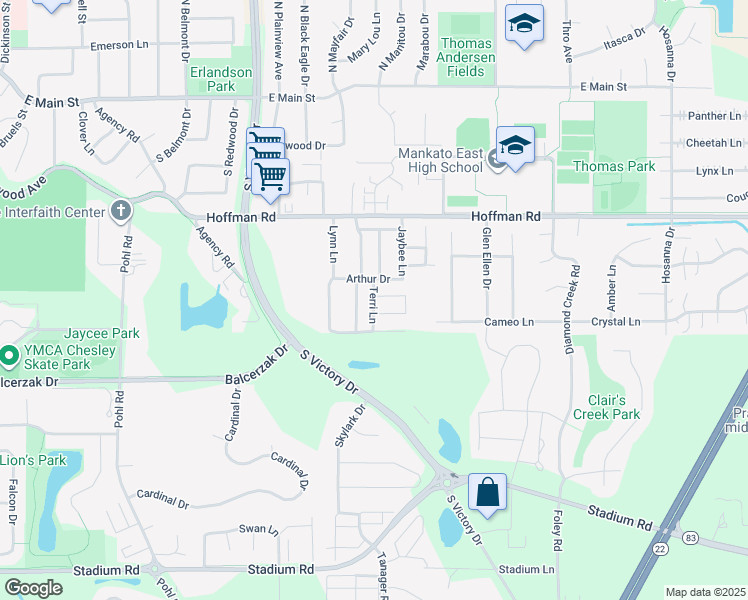 map of restaurants, bars, coffee shops, grocery stores, and more near 131 Laurinda Lane in Mankato