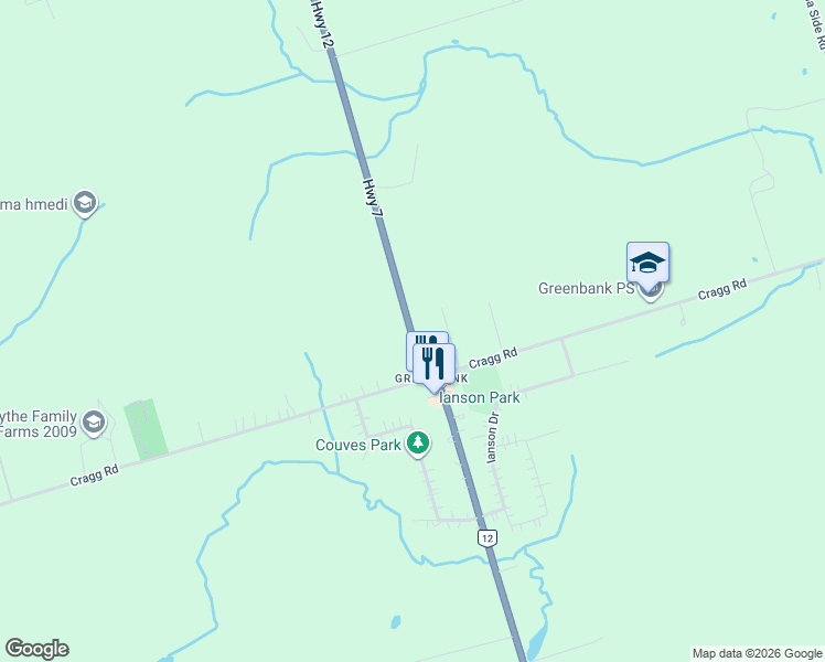 map of restaurants, bars, coffee shops, grocery stores, and more near 20030 Ontario 12 in Uxbridge