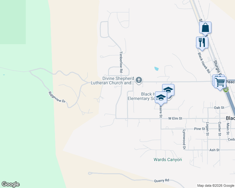map of restaurants, bars, coffee shops, grocery stores, and more near Candlewood Court in Black Hawk