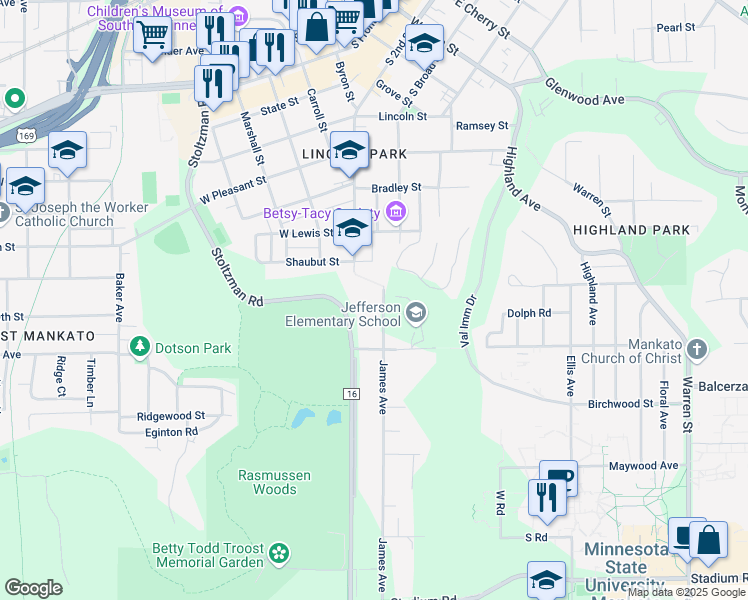 map of restaurants, bars, coffee shops, grocery stores, and more near 103 James Avenue in Mankato