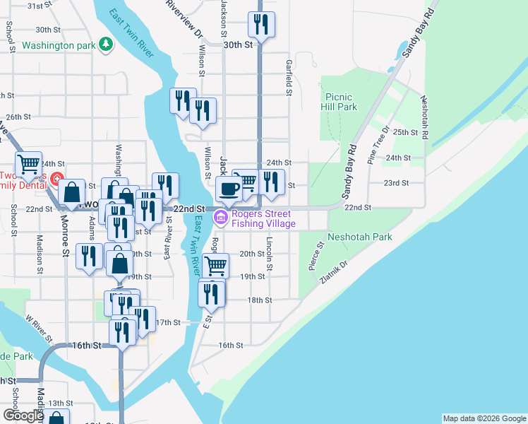 map of restaurants, bars, coffee shops, grocery stores, and more near 816 22nd Street in Two Rivers
