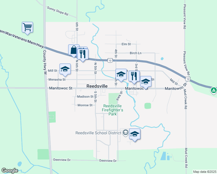 map of restaurants, bars, coffee shops, grocery stores, and more near 425 Menasha Street in Reedsville