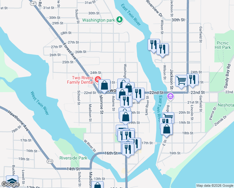 map of restaurants, bars, coffee shops, grocery stores, and more near 2205 Adams Street in Two Rivers