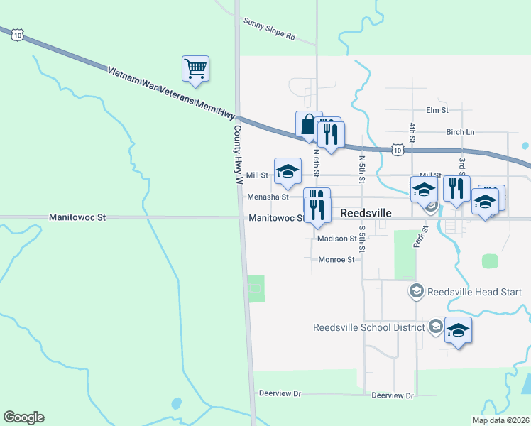 map of restaurants, bars, coffee shops, grocery stores, and more near 15 North 7th Street in Reedsville