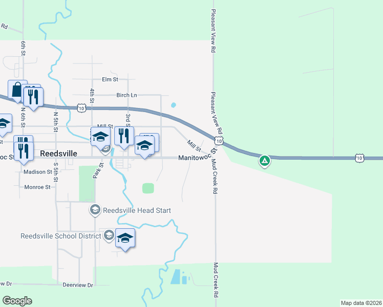 map of restaurants, bars, coffee shops, grocery stores, and more near 104 Mill Street in Reedsville