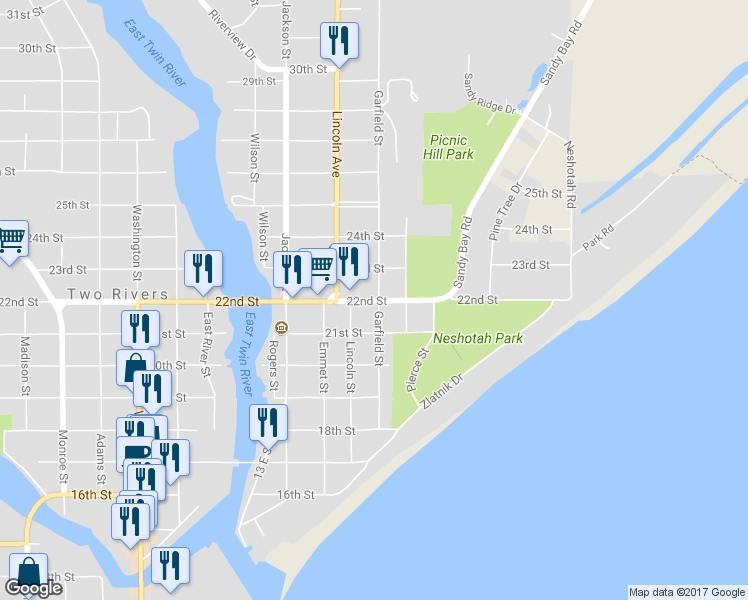 map of restaurants, bars, coffee shops, grocery stores, and more near 816 22nd Street in Two Rivers