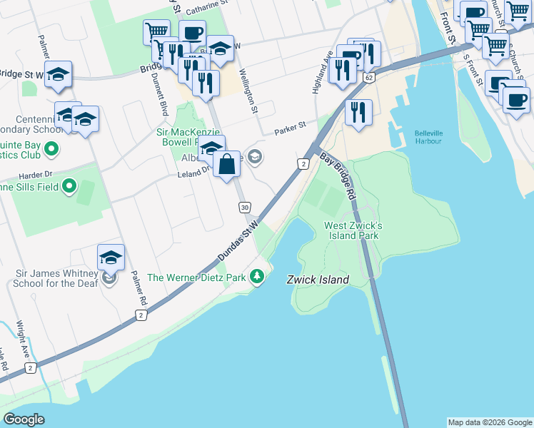 map of restaurants, bars, coffee shops, grocery stores, and more near 185 Ontario County Highway 2 in Belleville