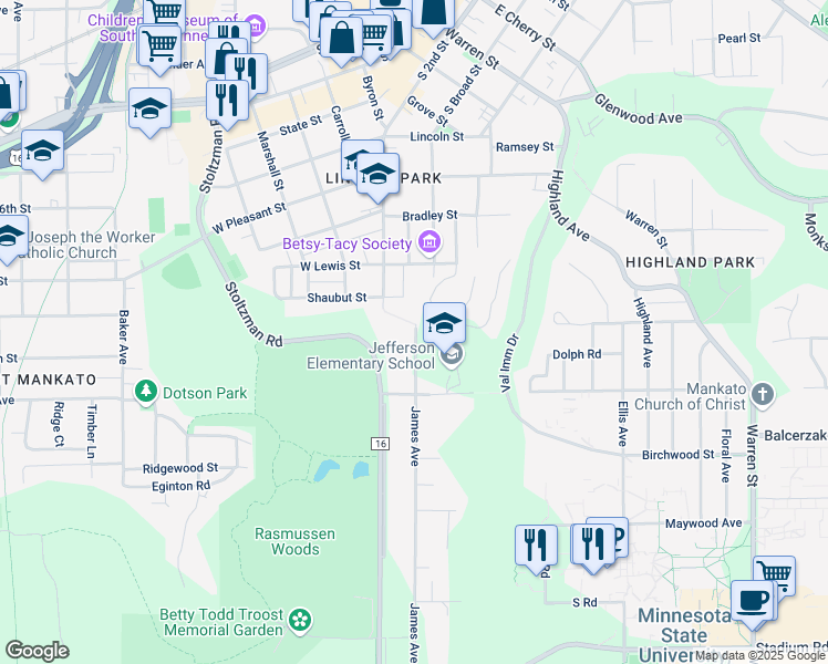 map of restaurants, bars, coffee shops, grocery stores, and more near 103 James Avenue in Mankato