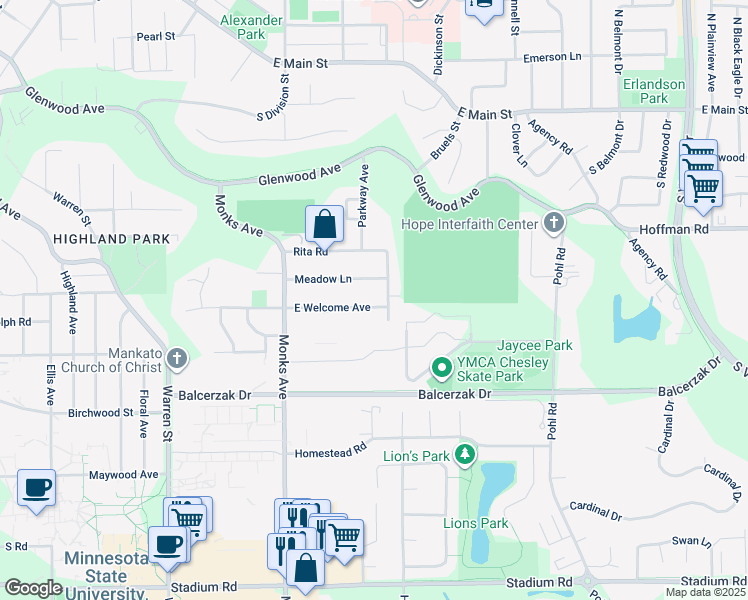 map of restaurants, bars, coffee shops, grocery stores, and more near 152 East Welcome Avenue in Mankato