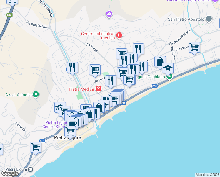 map of restaurants, bars, coffee shops, grocery stores, and more near 99 Viale della Repubblica in Pietra Ligure