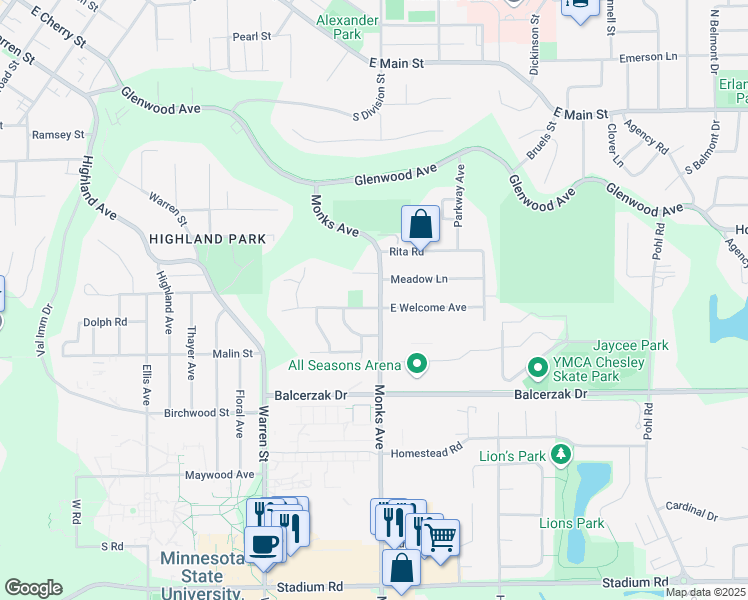 map of restaurants, bars, coffee shops, grocery stores, and more near 1012 Monks Avenue in Mankato