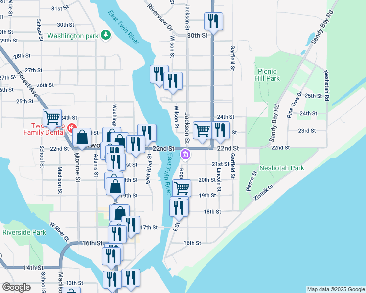 map of restaurants, bars, coffee shops, grocery stores, and more near 2206 Jackson Street in Two Rivers