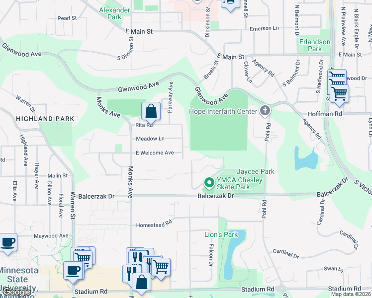 map of restaurants, bars, coffee shops, grocery stores, and more near 184 Rita Road in Mankato