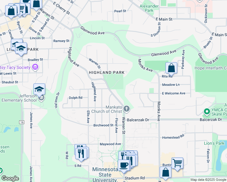 map of restaurants, bars, coffee shops, grocery stores, and more near 1102 Warren Street in Mankato