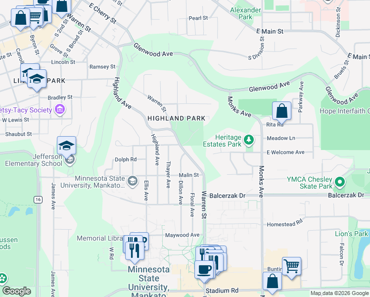 map of restaurants, bars, coffee shops, grocery stores, and more near 227 South 5th Street in Mankato